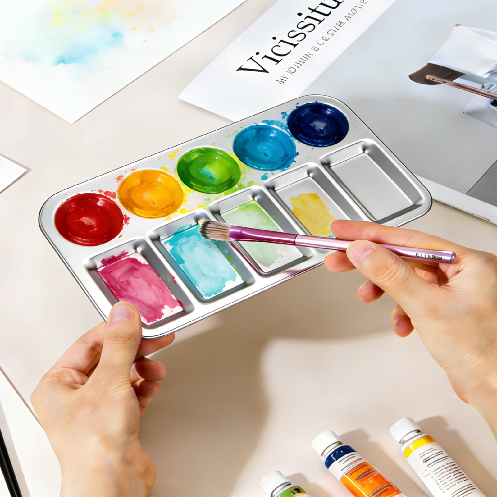 Uxcell Aluminum Paint Tray Palette, 12 Well Rectangular Paint Mixing Pallet Metal Palette Painting Tray for Acrylic Oil Watercolor Artist Class DIY Painting Party Supplies(Silver, Pack of 5)
