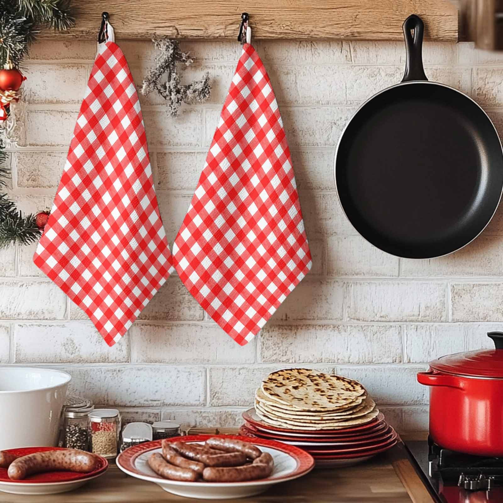 Dish Towels, Red Buffalo Plaid Absorbent Kitchen Towels 2 PCS, Pastoral Checkered Microfiber Hand Towels Dish Cloths Tea Towels for Home&nbsp;Bathroom Cleaning Drying,18X28-Inch,