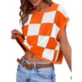 thumbnail image 3 of Color Block Plaid Print Cap Sleeve Women Casual Knit Sweater Vest Crop Tops, 3 of 6