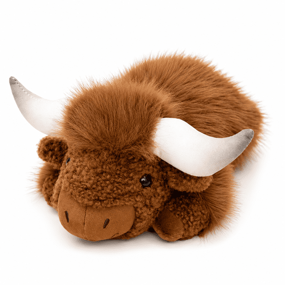 11.8 Inch Highland Cow Plush Toy, Brown Fuzzy Stuffed Animal with Curved Horns, Cute Farm Animal Plush for Kids Gift and Bedroom Decor