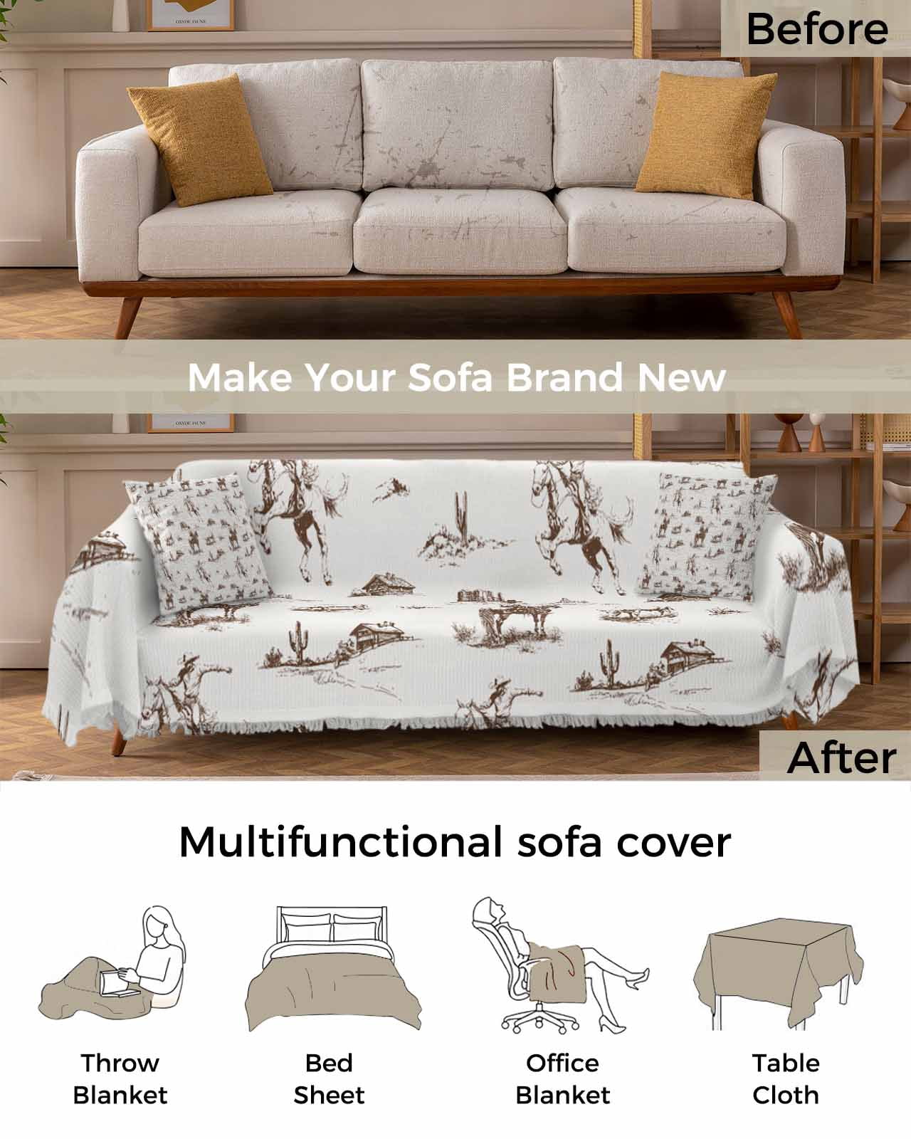 Western Cowboy Couch Cover for Dogs, Retro Desert Cactus Country Cowboy Brown Washable Sofa Covers Slipcover for Pets Dogs Futon Cover, Couch Recliner Covers, Oversized Chair Slipcover 71"x91"