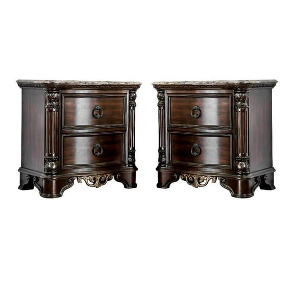 Jordan Transitional Wood and Marble Top Nightstand in Brown Cherry Set of 2
