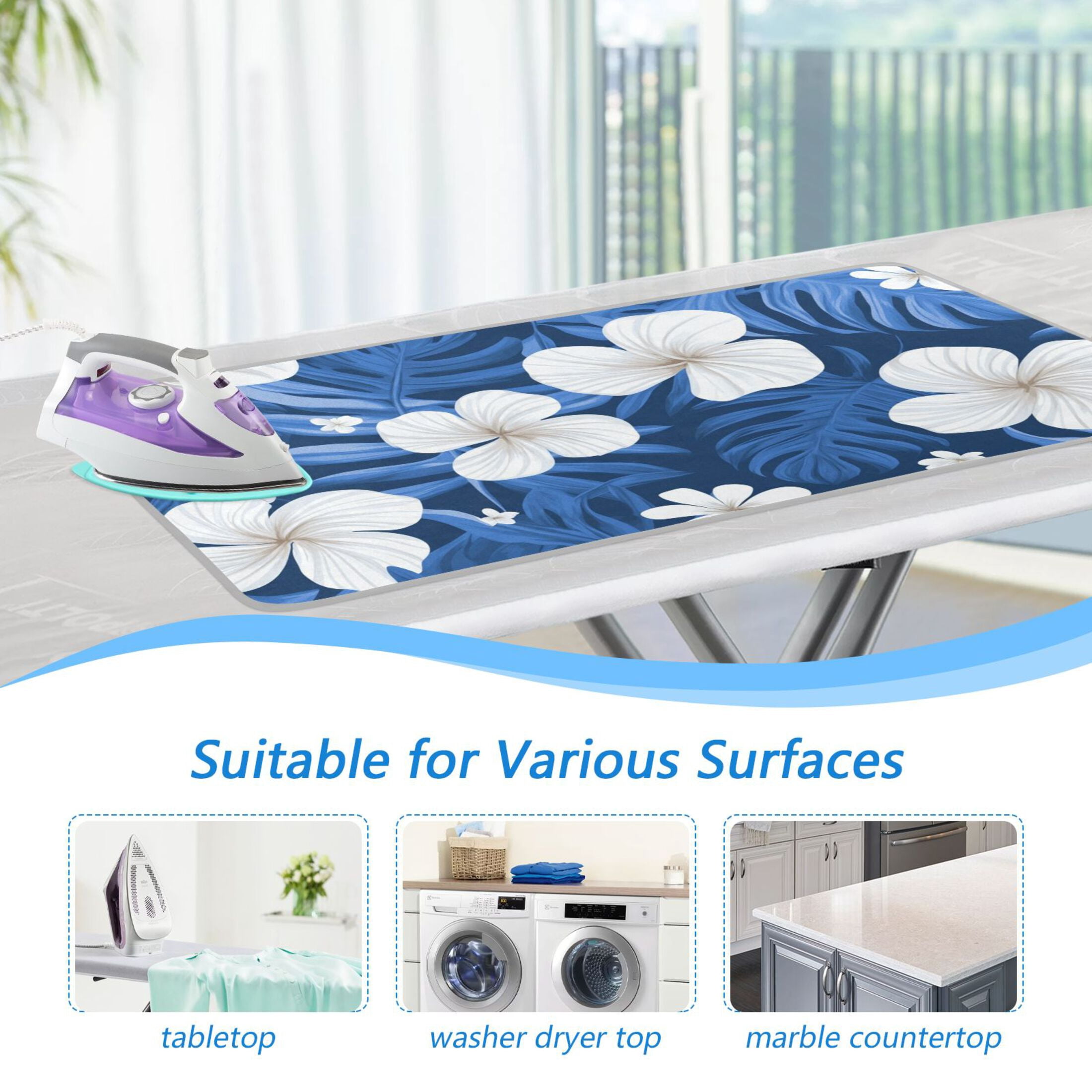 White Florals Blue Palm Leaves Hawaii Ironing Mat Blanket Portable Travel Ironing Pad Heat Resistant Pad 47.2" x 27.6”