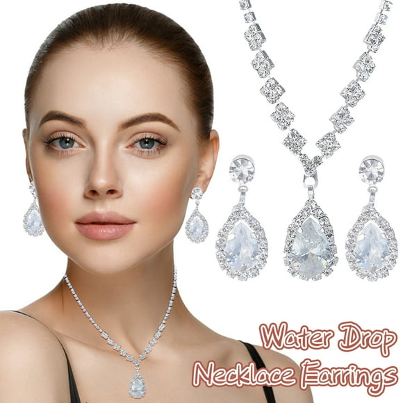 Fiudx Pendientes de Diamantes de Imitación, Elegante Collar de Gota de Agua, Conjunto de Joyas de Aleación de Moda, Accesorios Brillantes para Fiestas, Bodas y Ocasiones Especiales, Regalo Perfecto p