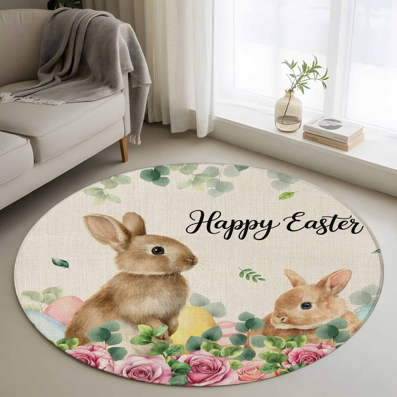 Round Area Rug 4ft Farmhouse Rabbit Retro Linen Non-Shedding Washable Area Rug Easter Green Leaf Spring Flower Non Slip Low-Profile Circle Rugs for Living Room Bedroom Dining Room