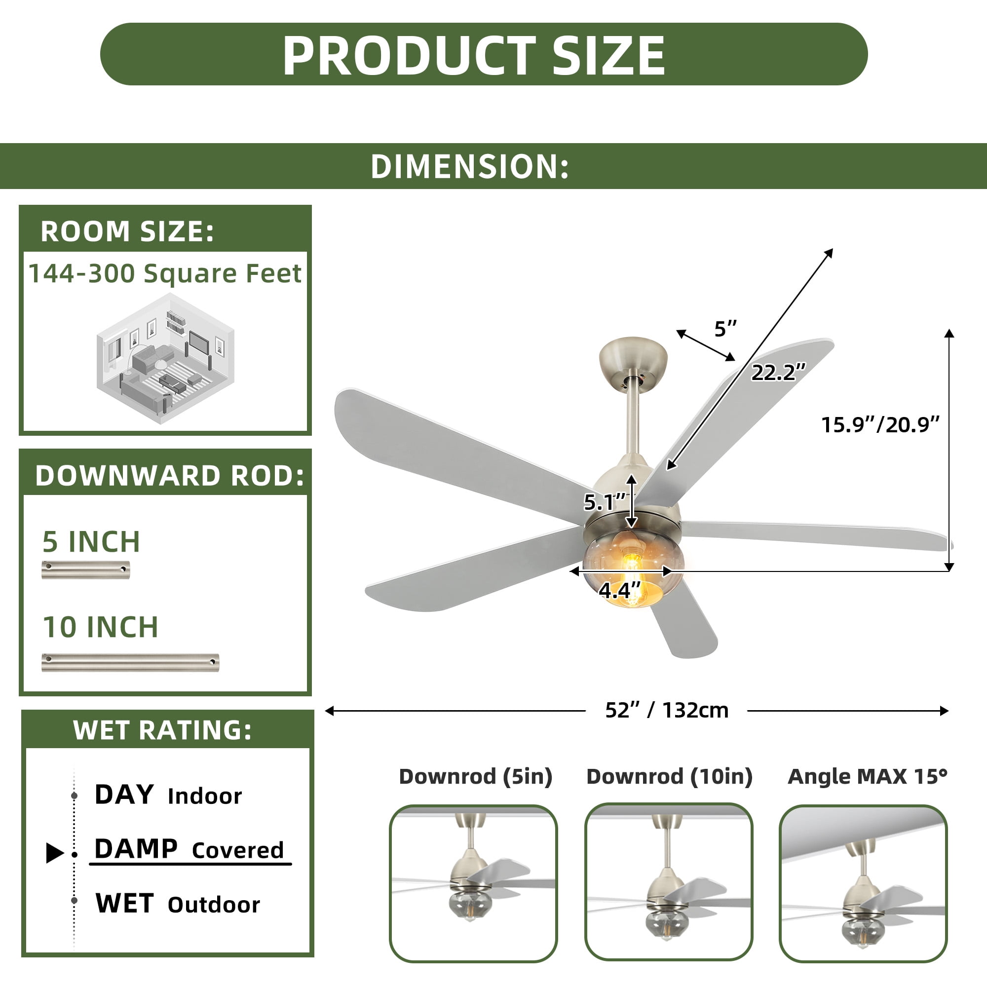 Uforic 52 inch Indoor Ceiling Fan with Light and Remote Control,Quiet 6-Speed Reversible DC Motor, 5 Blades - Silver