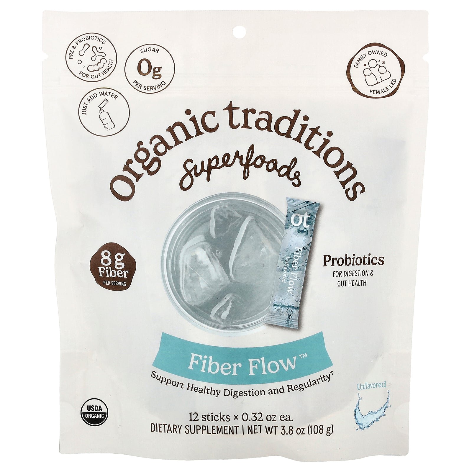 Organic Traditions Fiber Flow™, Unflavored, 12 Sticks, 0.32 oz (9 g) Each