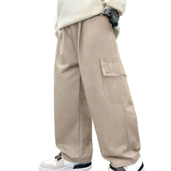 CQONEPT Cargo Pants for Teen Boys Elastic Waist Jogger Pant Wide Leg Baggy Casual Workouts Running Trousers with Pockets Beige 10-11Years