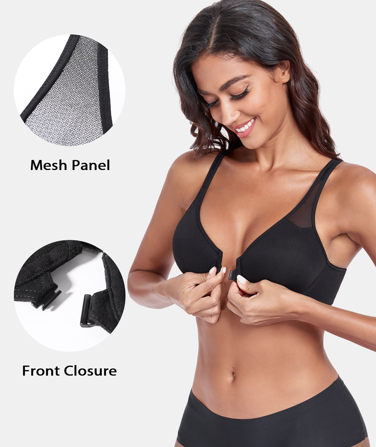 Exerin Women's Front Close Unlined Underwire V-Neck Racerback Bra(34C,Black)