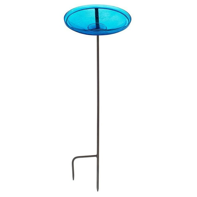 Achla Designs 14 In Hand Blown Crackle Glass Birdbath w/ Stake, Teal