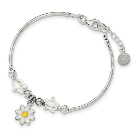 Sterling Silver 6in Polished Childrens Enamel Flower & Stars Swarovski Bracelet