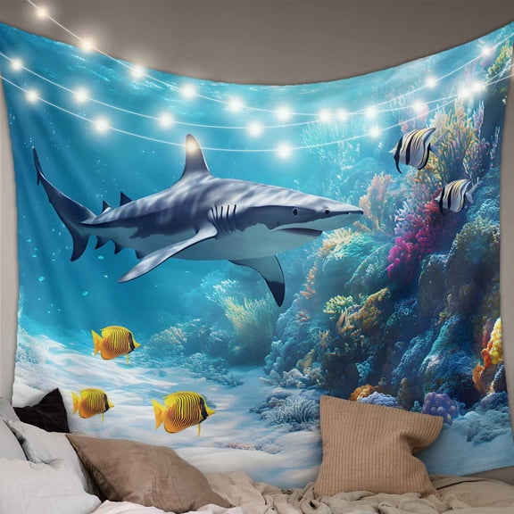 Shark Coastal Large Tapestry for Bedroom Wall Hanging Tapestry, Summer Beach Coral Ocean Nautical Ceiling Backdrop Tapestries Poster Blanket Wall Decor for Teens Room Living Room Dorm 85" x 90"