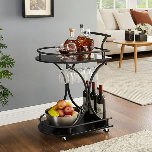 QRKD Mobile Bar Cart with Wine Rack and Glass Holder, 2 Tier Home Bar Serving Cart Rolling Bar Trolley Cart with Storage Shelf and Handle for Kitchen Dining Room (Black)