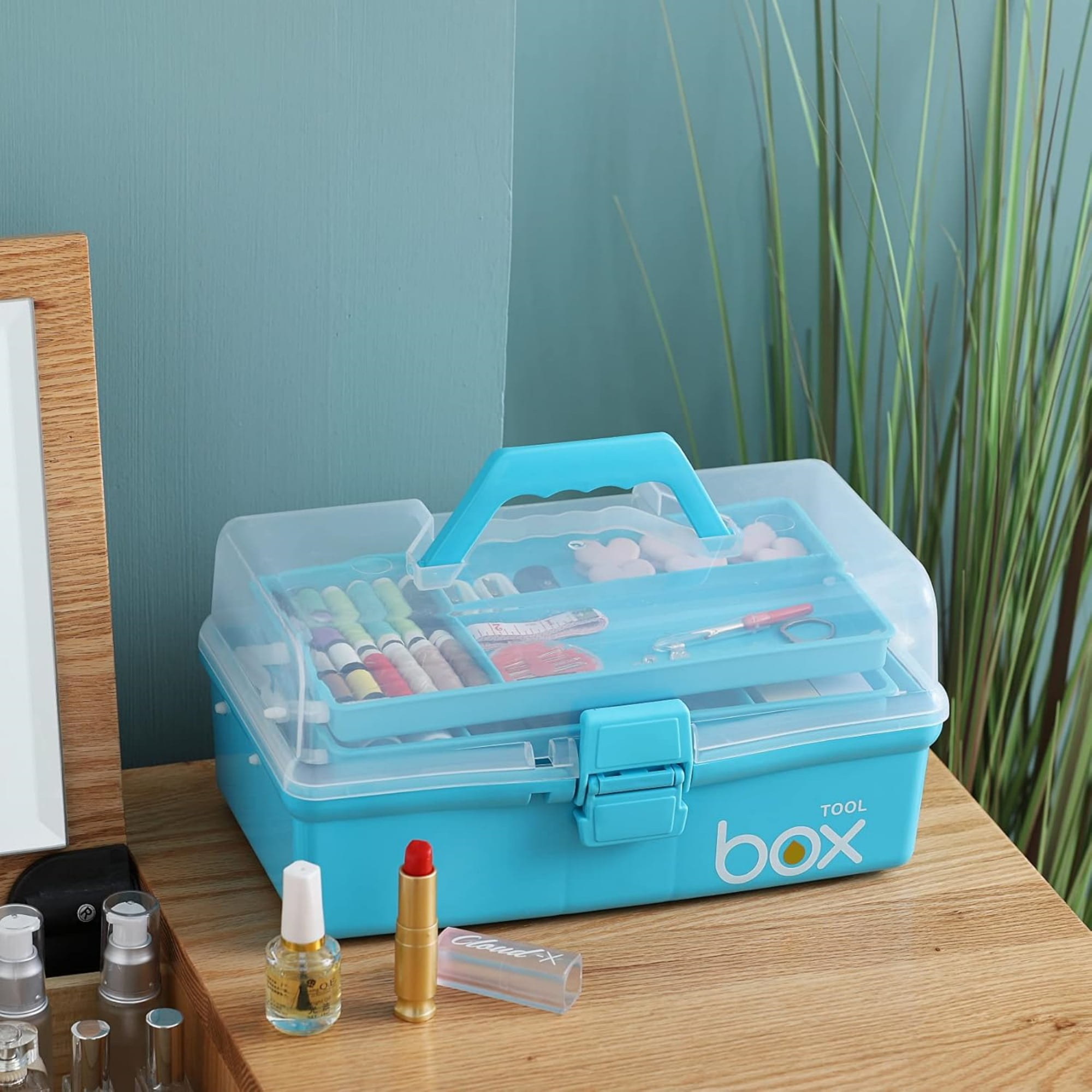 Kinsorcai 2PCS 12'' Three-Layer Clear Plastic Storage Box/Tool Box, Multipurpose Organizer and Portable Handled Storage Case for Art Craft and Cosmetic (Blue)
