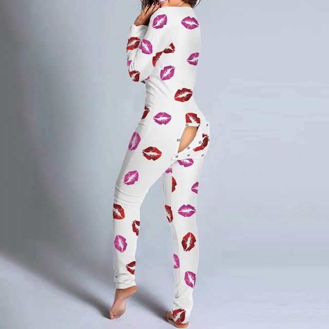 Pijama Sexy con solapa abotonada para mujer, mono de manga larga con estampado bonito, diseño de botones funcionales