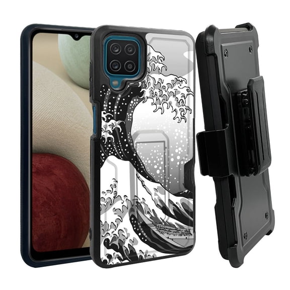 ANJ  Rugged Dual Layer Shockproof Holster Case w/Card Slot, Kickstand   Tempered Glass for Samsung Galaxy A12 - Japanese Waves