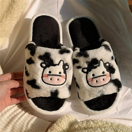 

PIKADINGNIS Winter Platform Plush Slippers Waterproof Home Shoes Y2k Girls Cow Print Furry Slides Indoor Warm Casual Flats Bedroom Household