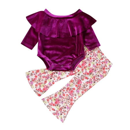 

Baby Girls Clothing Set Long Sleeve Velutum Solid Romper Tops Flower Print Bell Bottomed Flare Pants Outfit Set 2Pcs