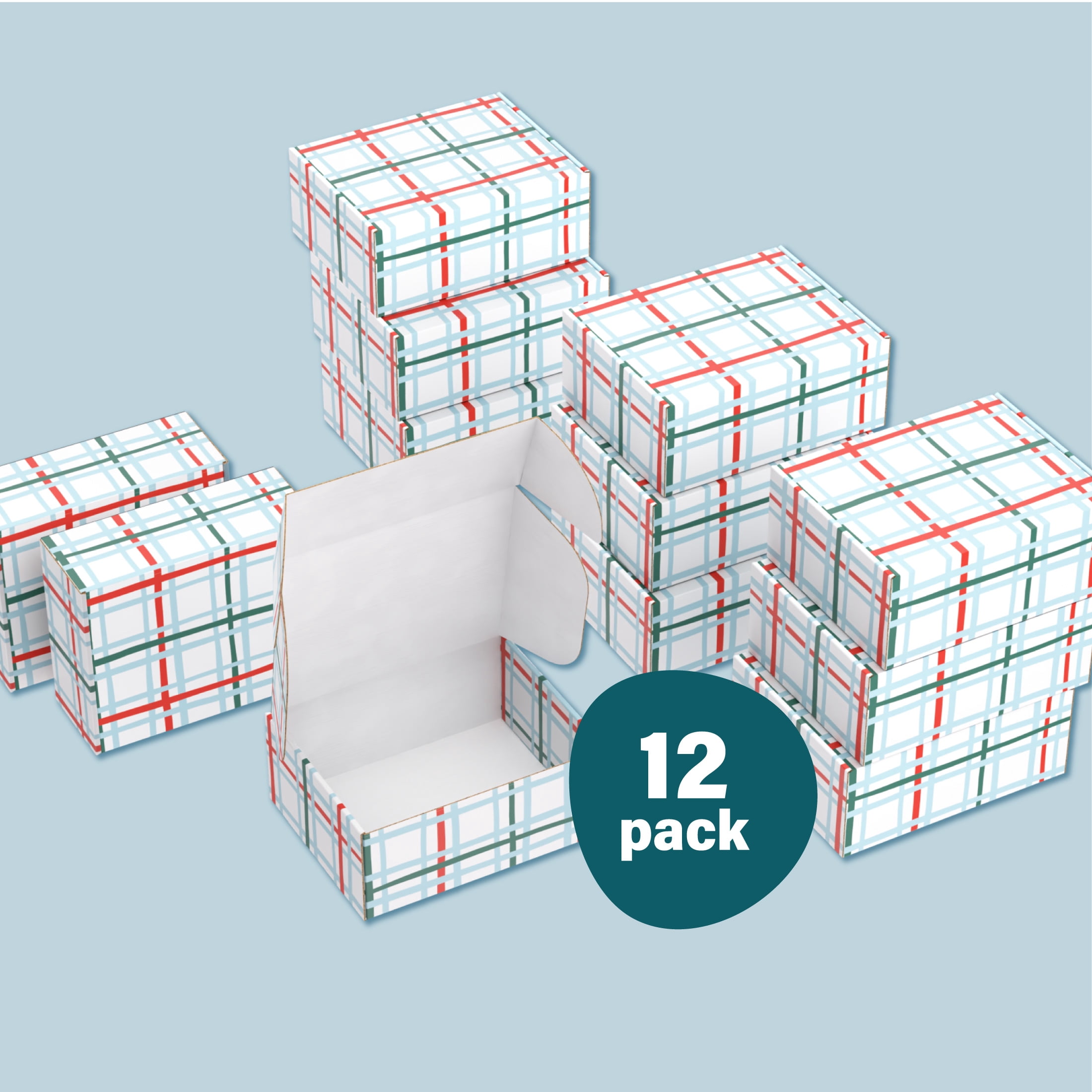 Printed Decorative Mailing, Shipping and Gift Boxes, Tuck Top Closure, 9.5” x 7.5” x 4", Grid Print, 12 -Count Pack