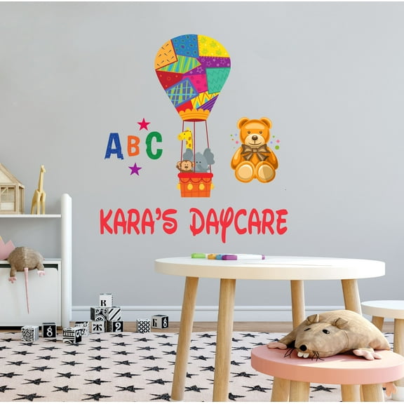 KIDS DAYCARE - Nursery Art Multicolored Toys Decoration Personalized Name Design Teddy Bear Hot Air Balloon Animals Letter Alphabets Vinyl Child Care Wall Decal 9" x 10"