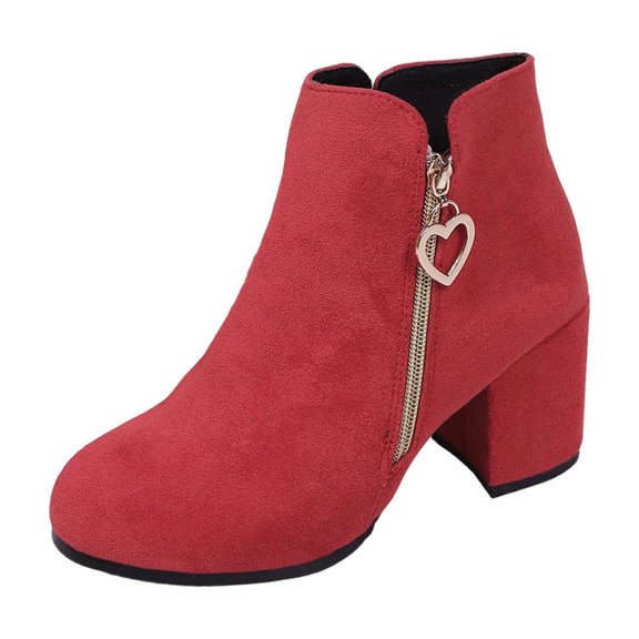 Xfvqtps Womens Chunky Heel Ankle Boots for Winter Side Zipper Fashion Booties with Heart Charm Comfortable Low Heel Shoes for Daily Casual Wear Red