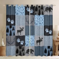 Homewish Woodland Animal Moose Curtains Pack of 2 (42x84 Each),Country Farmhouse Bear Curtains Blackout,Gray Blue Checkered Bedroom Curtains For Kids,Breathable Home Decor