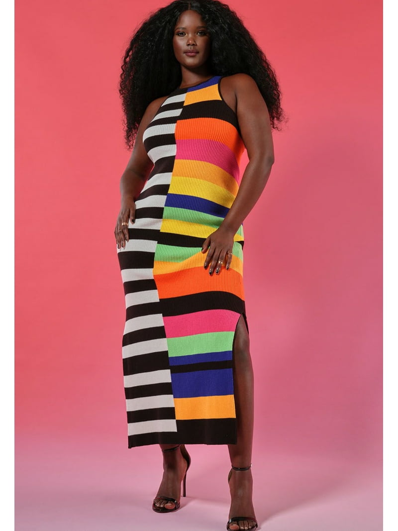 stripe rib dress Jluxlabel Striped Rib Knit Midi Dress