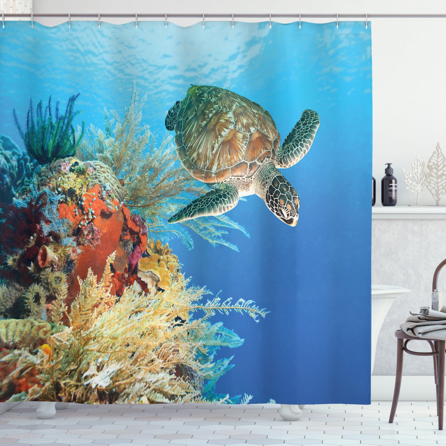 Fabric Shower Curtain Set Undersea Colorful Coral Reef Fishes Sea Turtle 72x72" 