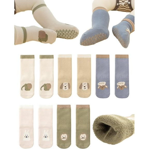 Baby Non-skid Grip Socks Toddler Socks Warm Thick Anti Skid Slipper Crew Socks for Girls Boys Newborn Infant 5 Pairs