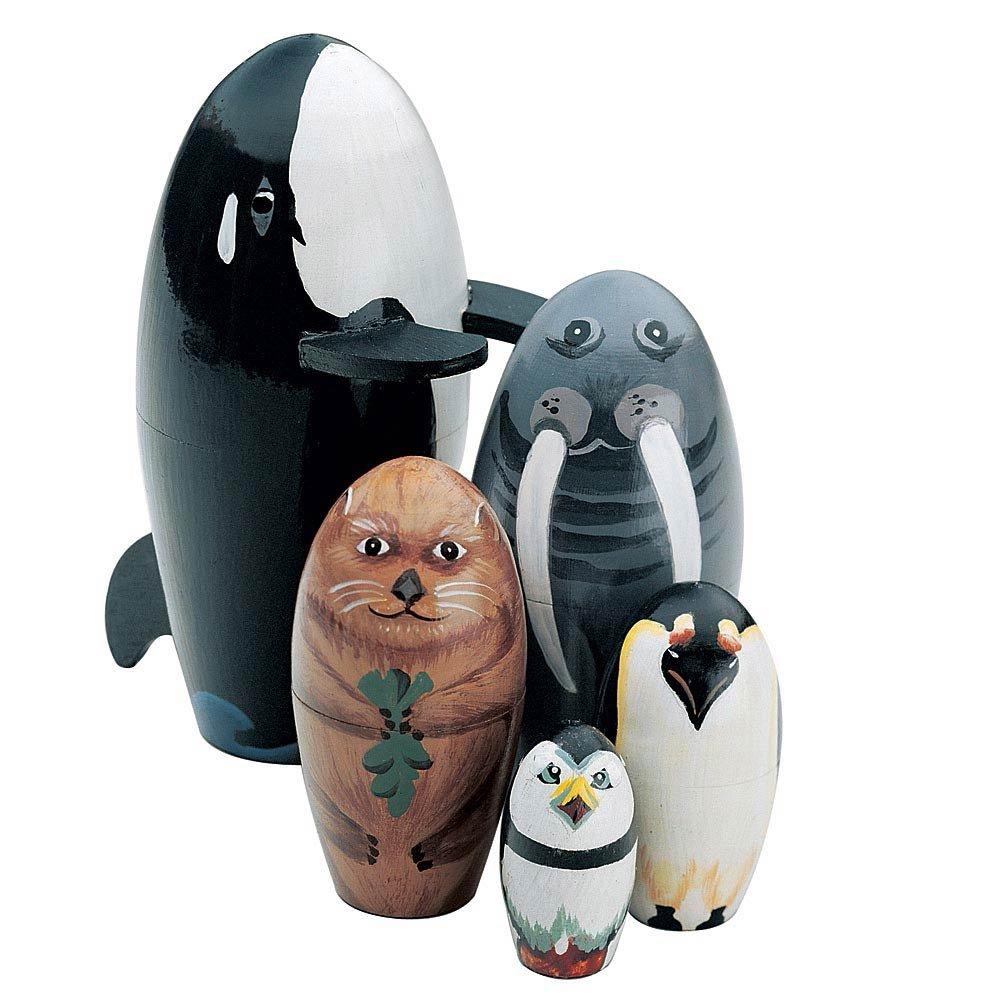 Photo 1 of Bits and Pieces - Willy and Friends - Matryoshka Dolls - Wooden Russian Nesting Dolls - Sea Life Animal Figurines - Whale, Walrus, Penguin - Stacking Dolls Set of 5