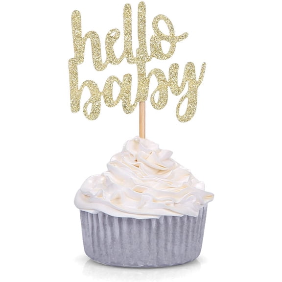 12pcs CT Gold Glitter Hello Baby Cupcake Toppers Baby Shower Party Decors