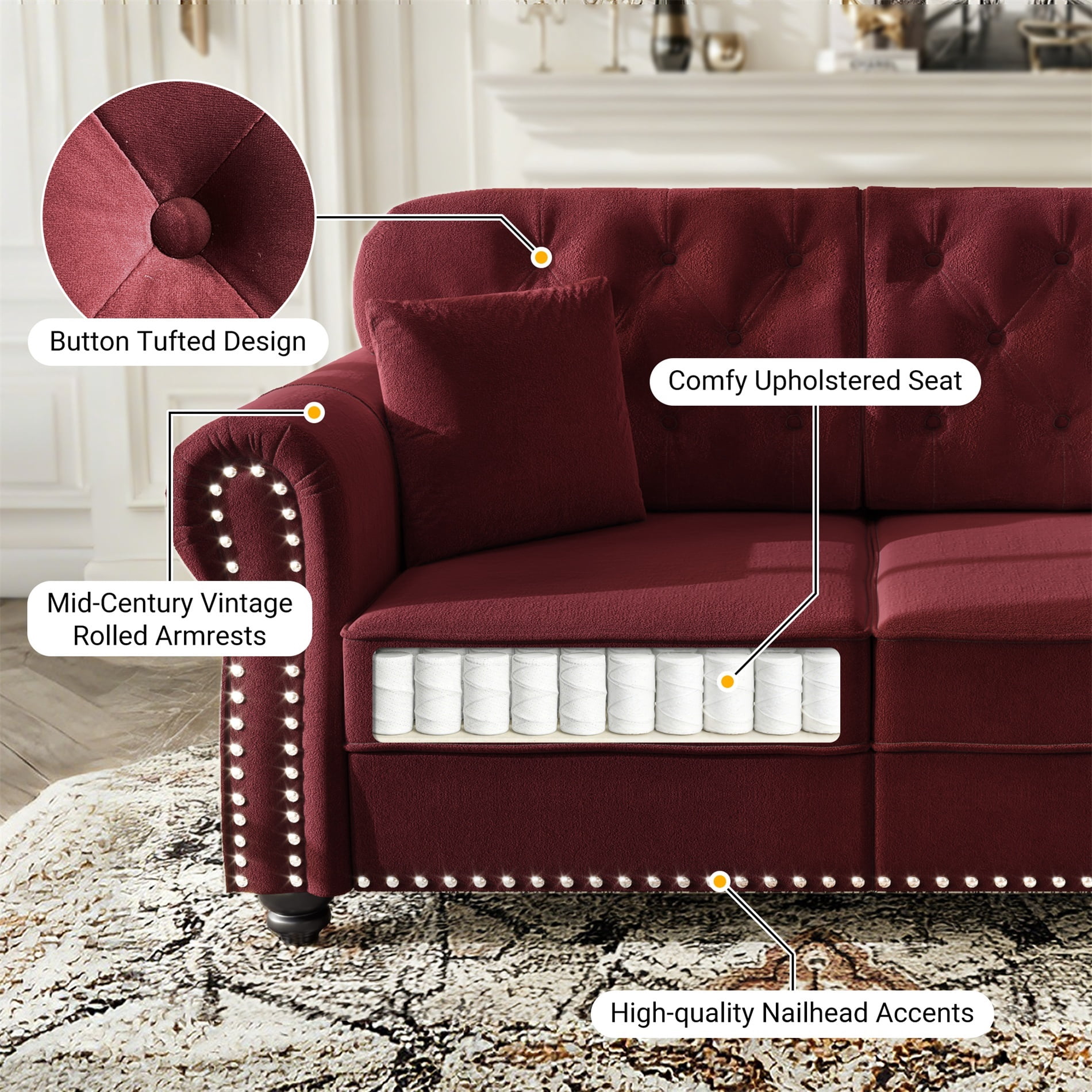 Alvantor 63" Loveseat sofa with Ottman, Upholstered Velvet Couch with Nailhead Trim and Rolled Armrests, Mid-Century Modern Sofa for Living Room Burgundy