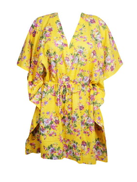 Mogul Women Yellow Floral Tunic Dress Cotton Kimono Sleeves Knee Length Kaftan Beach Cover Up Short Caftan Dresses 3X