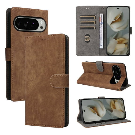 ELEHOLD Wallrt Case for Google Pixel 10 Pro XL, RFID Blocking Shockproof Phone Case with Wrist Strap, Flip Faux Leather Cover with Kickstand and Card Slots,Brown