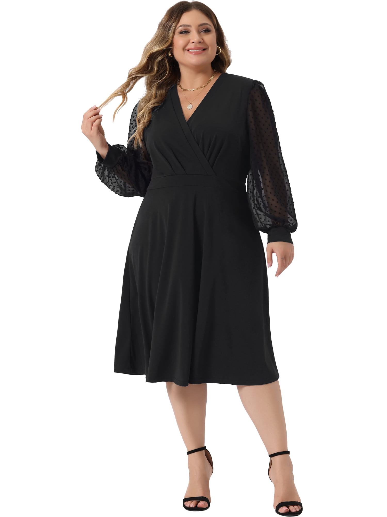 DARING DIVA Plus Size Swiss Dots Wrap V Neck Knee Length Dress 2X Black