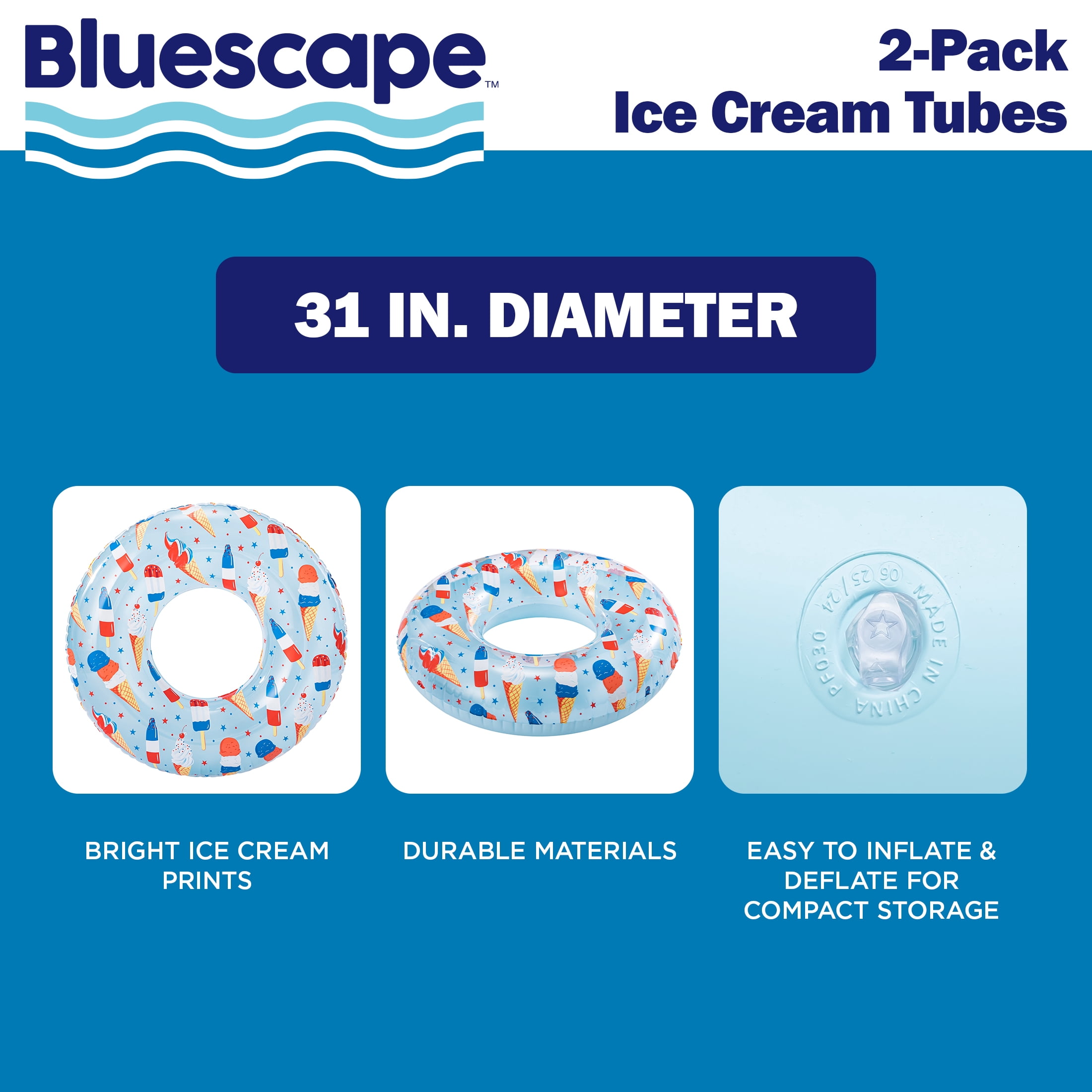 Bluescape Inflatable Sweets Swim Tube Pool Float, 2-Pack, Ice Cream Prints, for Kids & Adults, Age 9 & up, Unisex