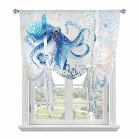 Blue Octopus Coastal Tie Up Curtains for Windows, Adjustable Balloon Window Shades, Coral Summer Beach Nautical Ocean Blue Kitchen Window Treatments Farmhouse Short Curtains with Rod Pocket 42"x45"