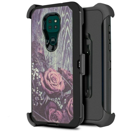 for Moto G9 PLAY Phone Case Dual Layer Full-Body Rugged Clear Back Case Drop Resistant Shockproof Case with Built In Screen Protector (Vintage Rose)