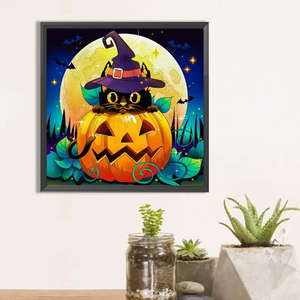 Cuadros Decorativos Pintura de diamante 5D DIY Taladro redondo completo Calabaza de Halloween Decoración para el hogar (QQ972) DQrwqpou embutido en tela