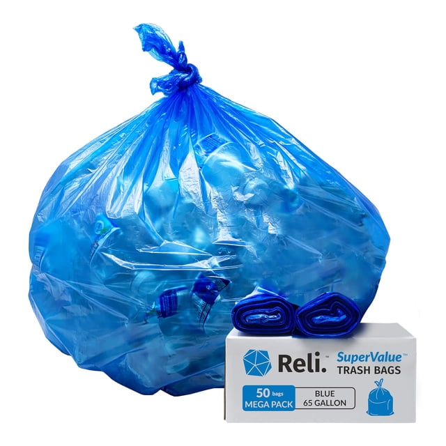 Reli. Supervalue 65 Gallon Recycling Bags 50 Count Blue Trash Bags