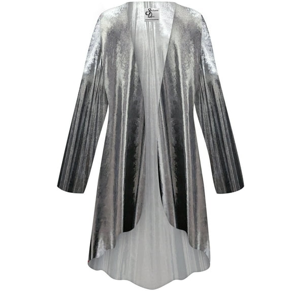Women's Plus size 0x Cascading Cardigan Silver Metallic Slinky Flowy Drape Duster Sweater Made in USA