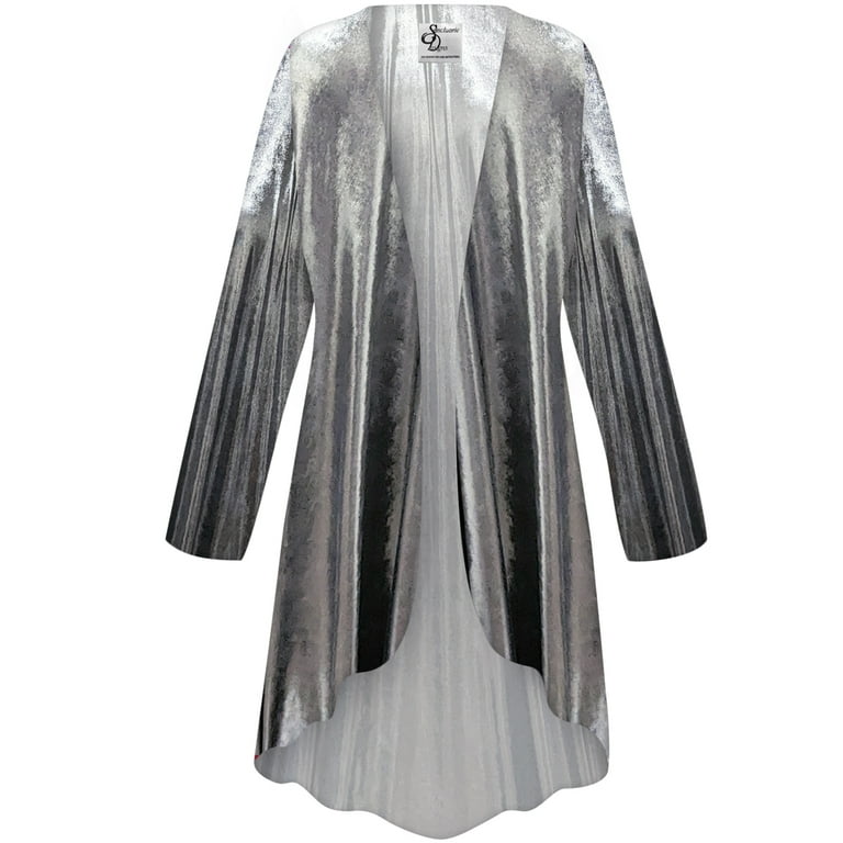 Women Large Tall Cascading Cardigan Silver Metallic Slinky Flowy Drape  Duster Sweater Made in USA