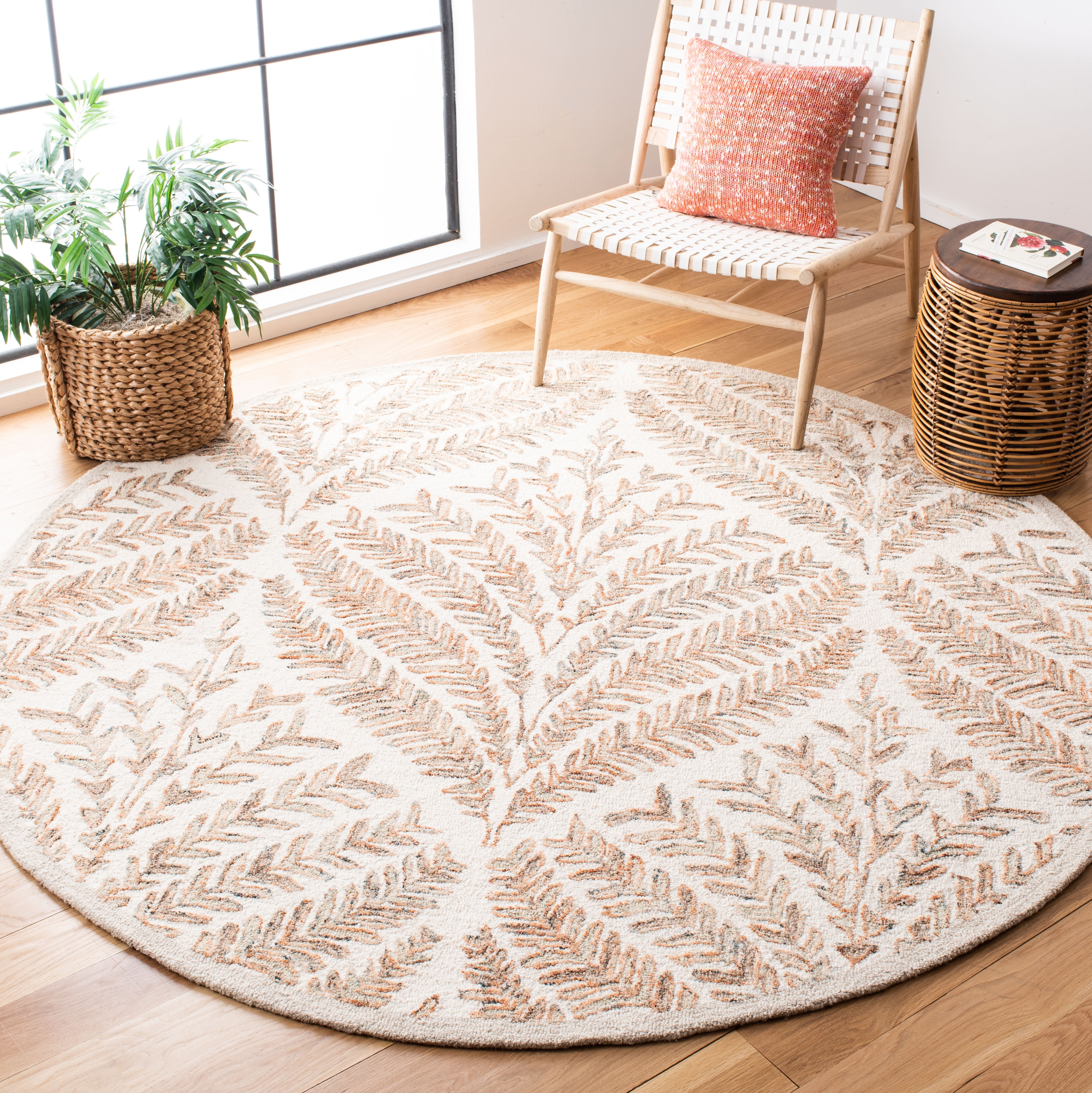 SAFAVIEH Capri Proinsias Leaves Wool Area Rug, Ivory/Brown, 5' x 5' Round