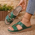 thumbnail image 3 of Rokment Women's Platform Wedge Slip on Walking Sandals 2026 Summer Vintage Casual Leather Buckles Open Toe Chunky Mid Heel Dress Slides for Woman Beach Green Size 6, 3 of 8