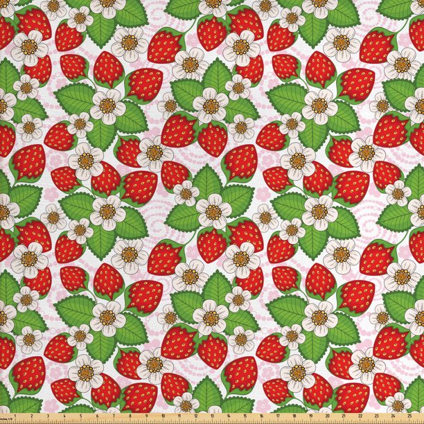 Spring Fabric by the Yard, Floral Pattern with Strawberries Flowers and