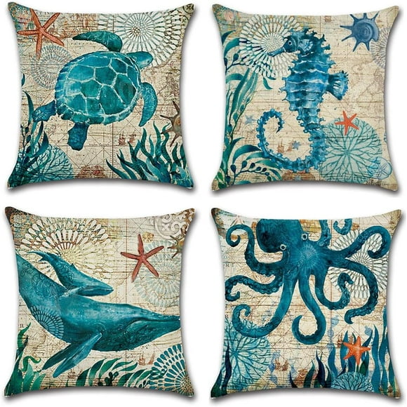 Homyal Sea Park Theme Cushion Covers Decorative Pillow Covers Cotton Linen Throw Pillow Covers Set of 4 Cushion Coversl 18x18 inch, 4 Packs (Sea-02)