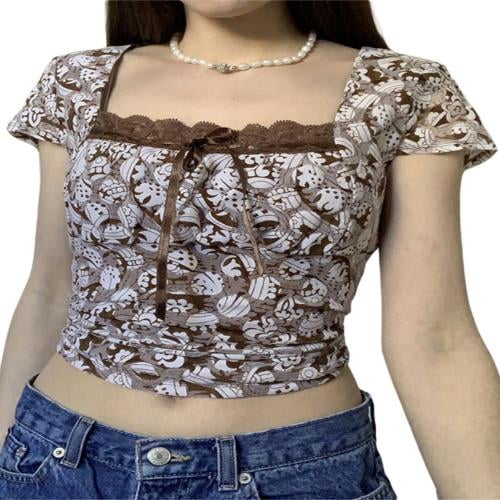 Raruxxin Women's Crop Tops, Lace Trim Square Neck Vintage Printed Short  Sleeve Exposed Navel T-shirts
