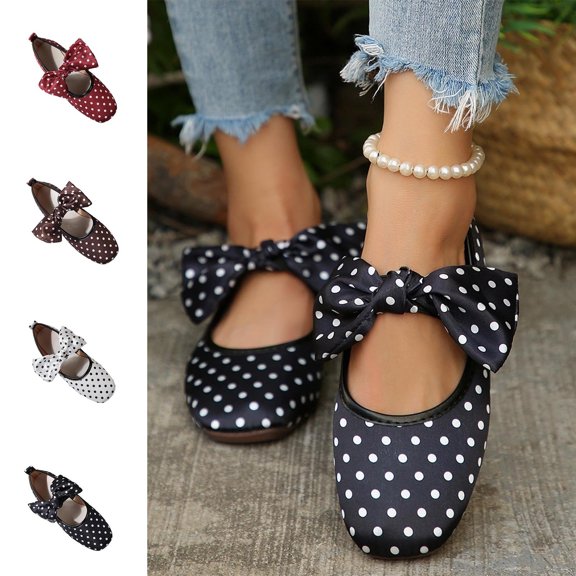 Crunowin Women's Flats, Shallow Toe Slip-On Casual Everyday Wear Polka Dot Print Bowknot Trendy Comfortable Shoes Coffee 9