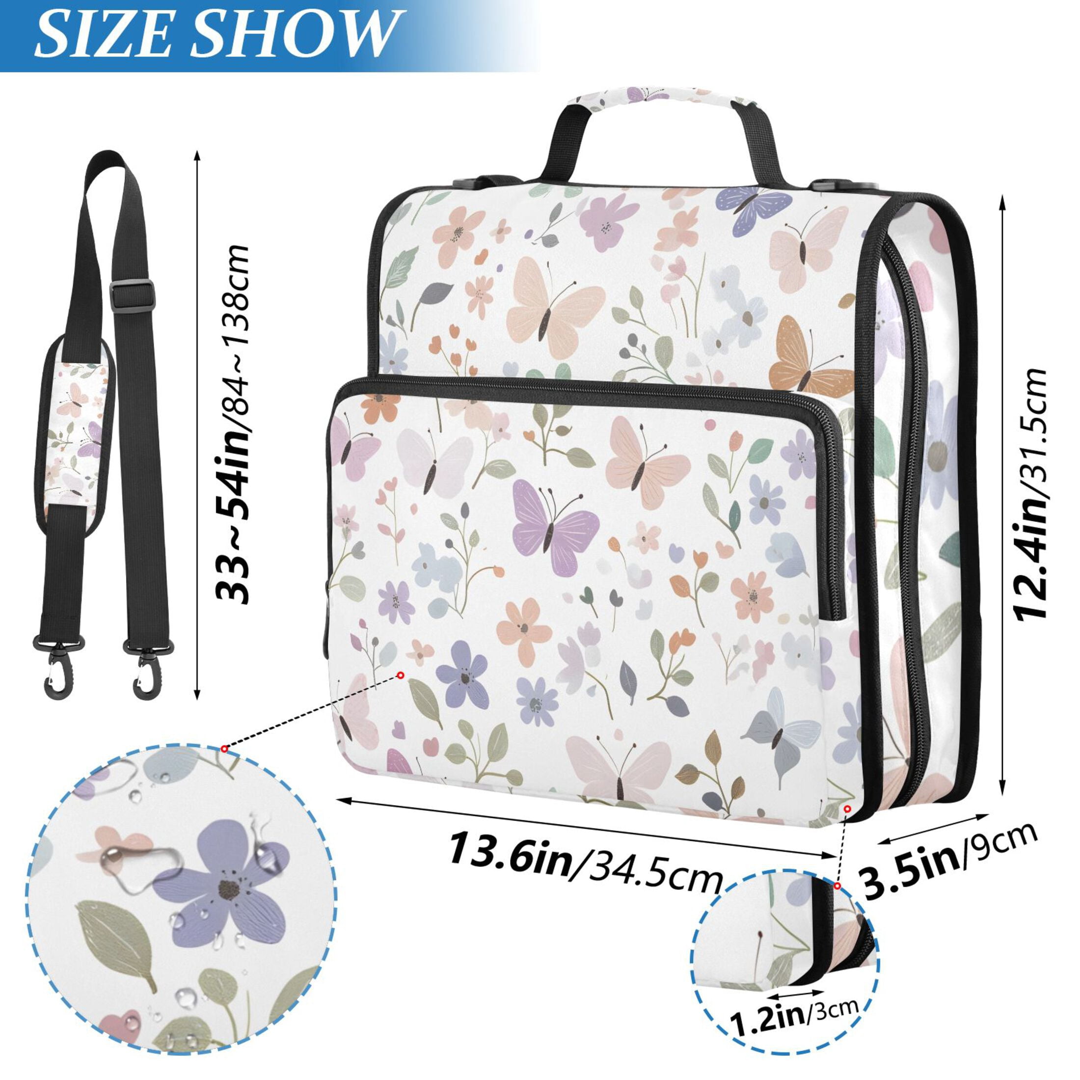 3 Ring Zipper Binder with Shoulder Strap Waterproof Trapper Keeper 2 Inch D-Ring 500 Sheets Capacity Butterflies and Flowers