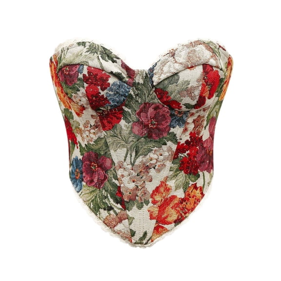 Vintage Corset Top Women Floral Back Lace Up Bustier with Lace Trim Strapless Overbust Boning Corset S